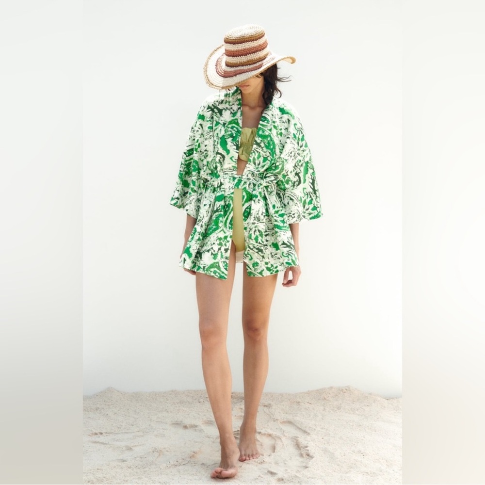 ZARA Linen Blend Printed Kimono Printed ✨ White + Green Size M/L